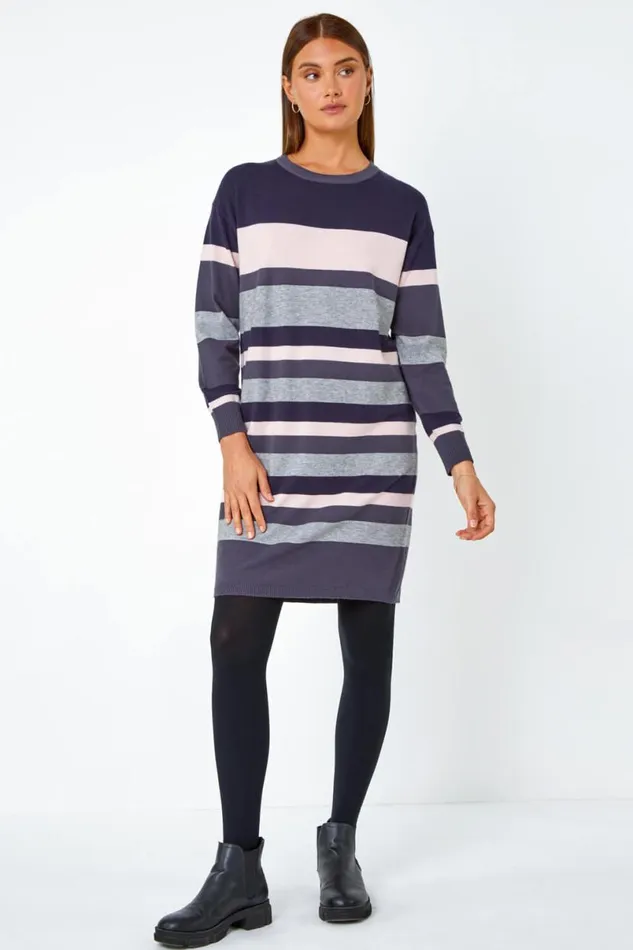 Navy Stripe Print Knitted Jumper Dress Women Roman Dresses