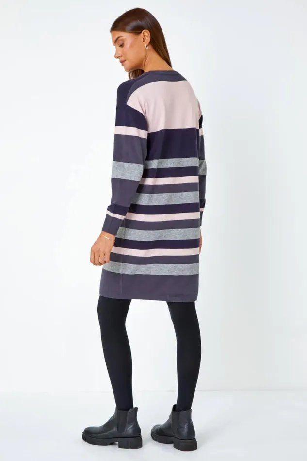 Navy Stripe Print Knitted Jumper Dress Women Roman Dresses