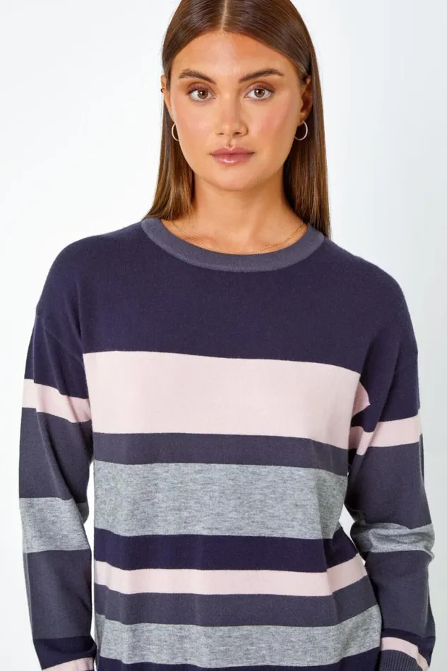 Navy Stripe Print Knitted Jumper Dress Women Roman Dresses