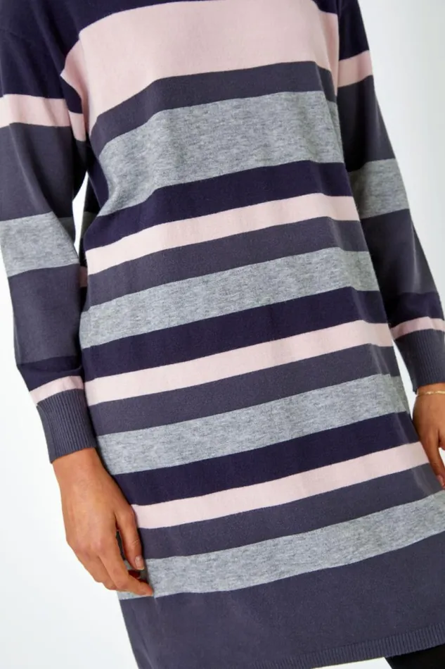 Navy Stripe Print Knitted Jumper Dress Women Roman Dresses