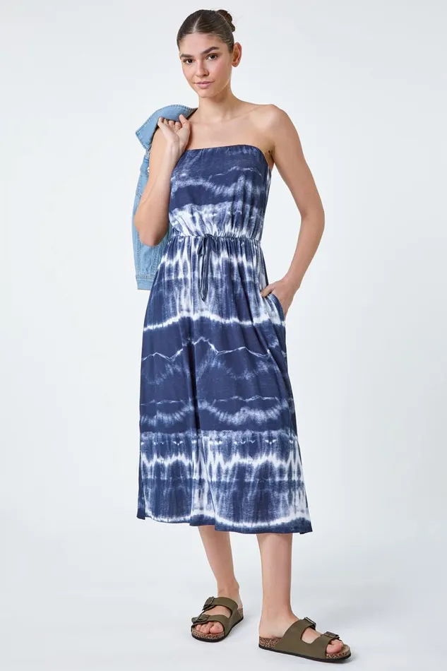 Navy Tie Dye Stretch Bandeau Midi Dress Women Roman Dresses