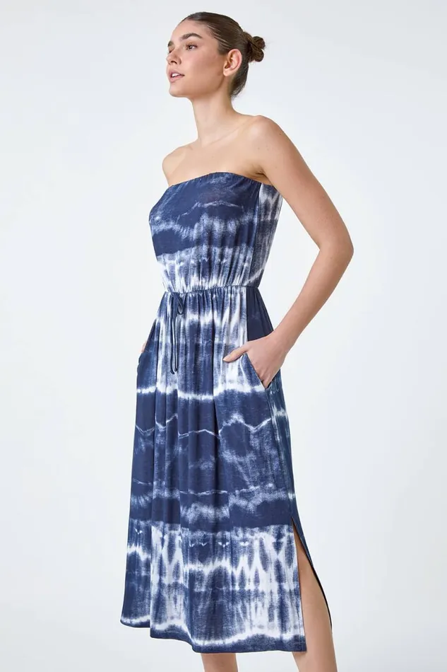 Navy Tie Dye Stretch Bandeau Midi Dress Women Roman Dresses