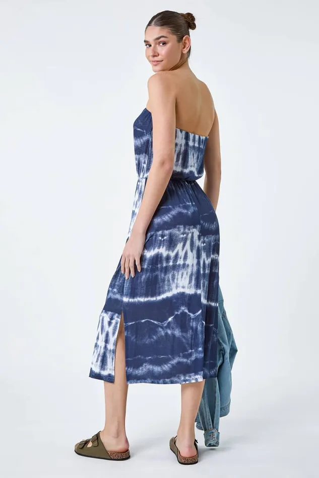 Navy Tie Dye Stretch Bandeau Midi Dress Women Roman Dresses