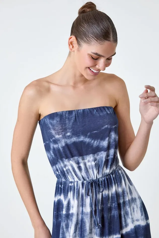 Navy Tie Dye Stretch Bandeau Midi Dress Women Roman Dresses