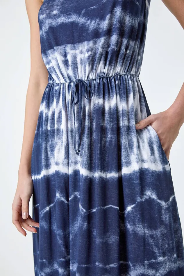 Navy Tie Dye Stretch Bandeau Midi Dress Women Roman Dresses