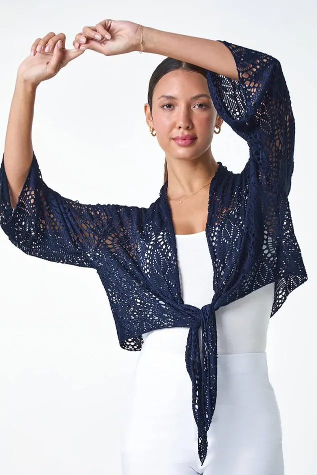 Navy Tie Front Stretch Crochet Cardigan Women Roman Tops