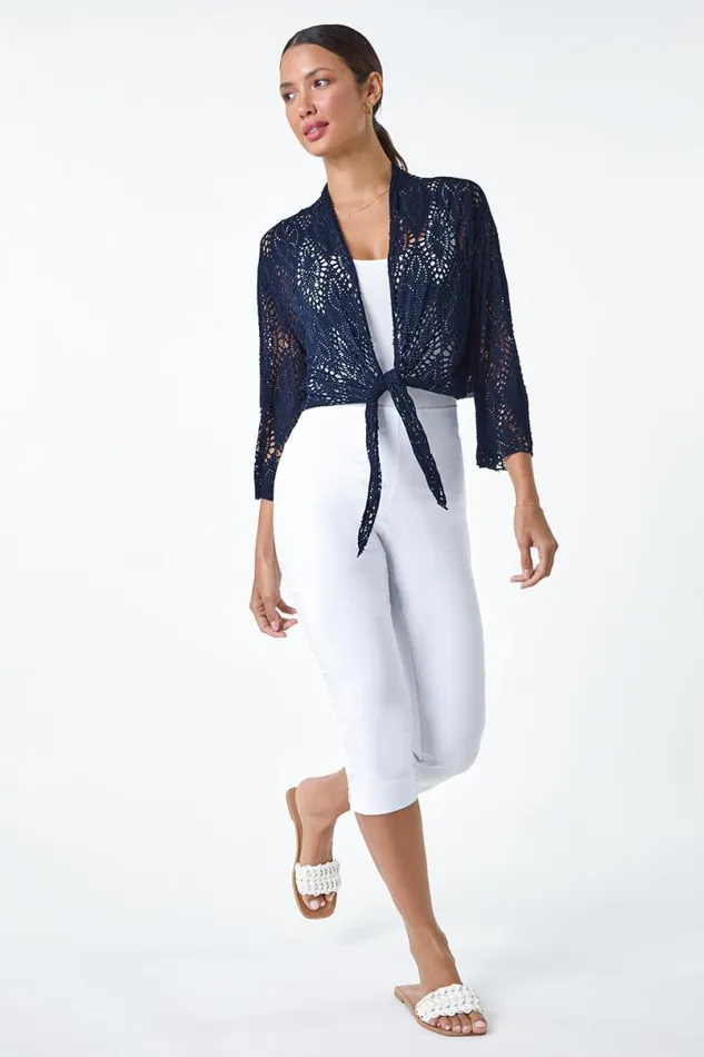 Navy Tie Front Stretch Crochet Cardigan Women Roman Tops