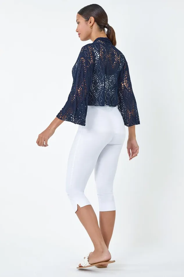 Navy Tie Front Stretch Crochet Cardigan Women Roman Tops