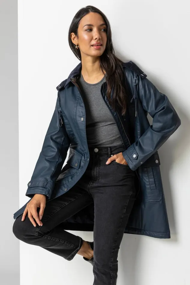 Navy Waxed Longline Hooded Coat Women Roman Coats