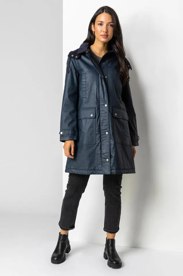 Navy Waxed Longline Hooded Coat Women Roman Coats