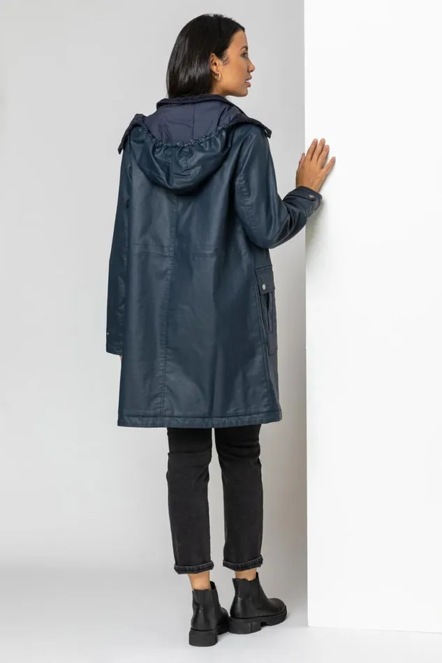 Navy Waxed Longline Hooded Coat Women Roman Coats