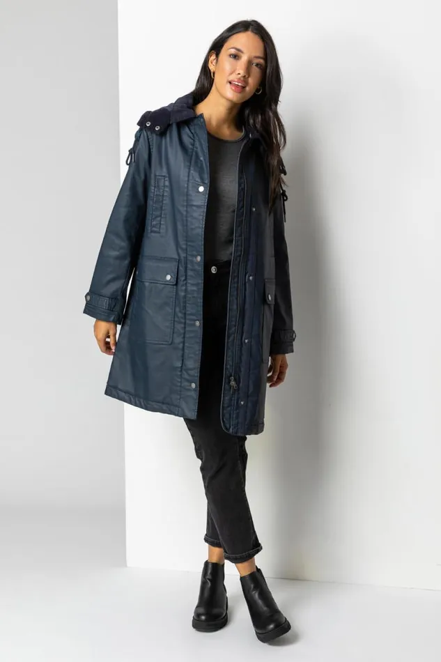 Navy Waxed Longline Hooded Coat Women Roman Coats