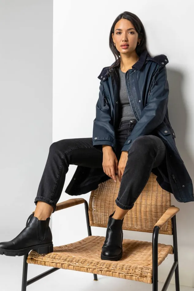 Navy Waxed Longline Hooded Coat Women Roman Coats