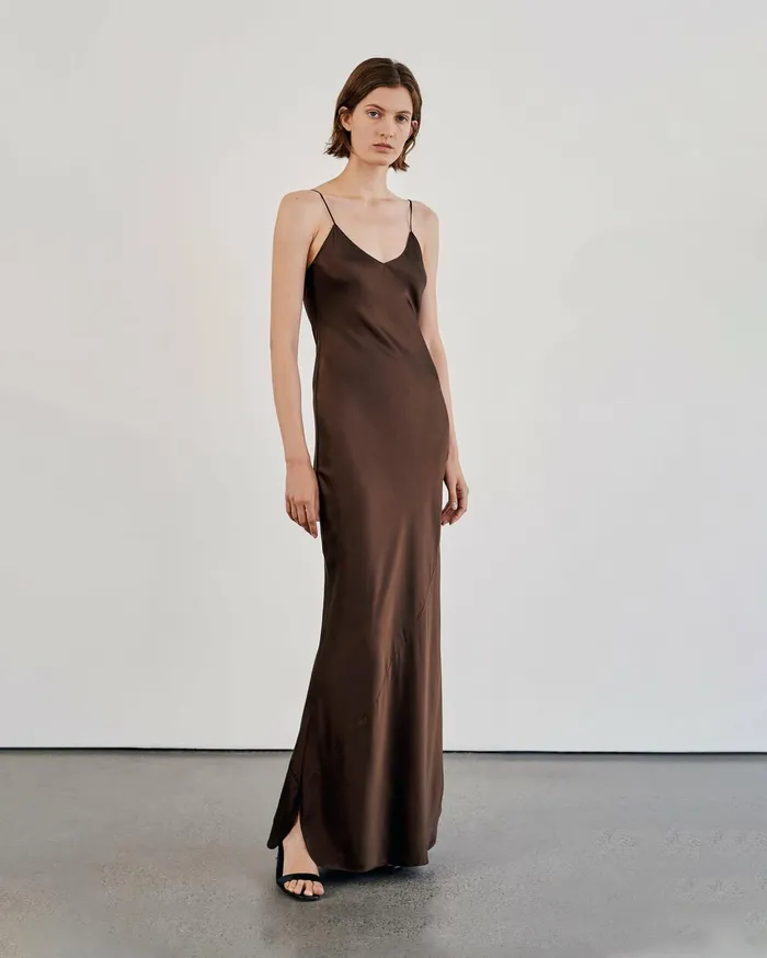Nili Lotan CAMI SILK GOWN Dark Brown Women Dresses and Skirts