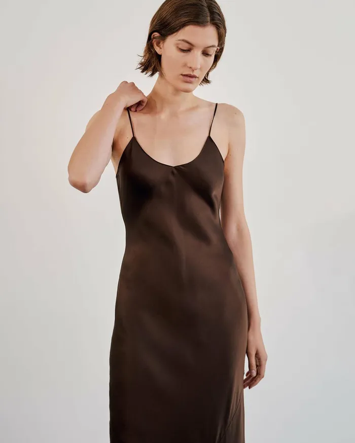 Nili Lotan CAMI SILK GOWN Dark Brown Women Dresses and Skirts