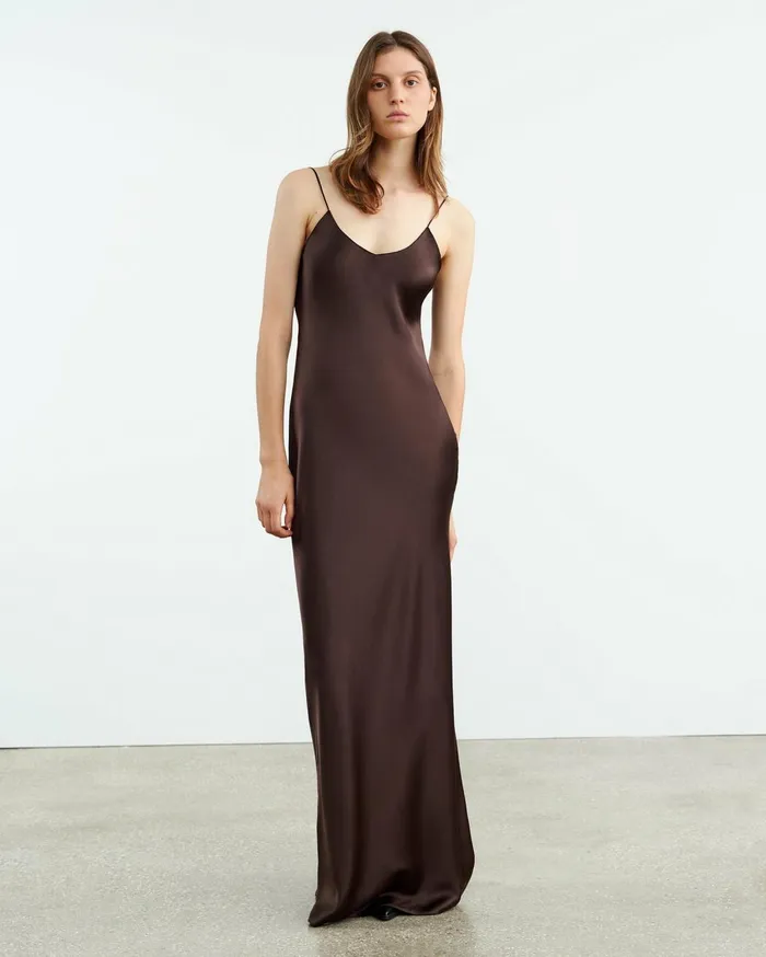 Nili Lotan CAMI SILK GOWN Dark Brown Women Dresses and Skirts