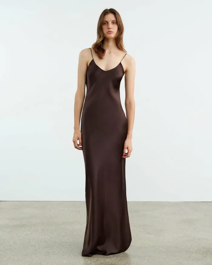 Nili Lotan CAMI SILK GOWN Dark Brown Women Dresses and Skirts