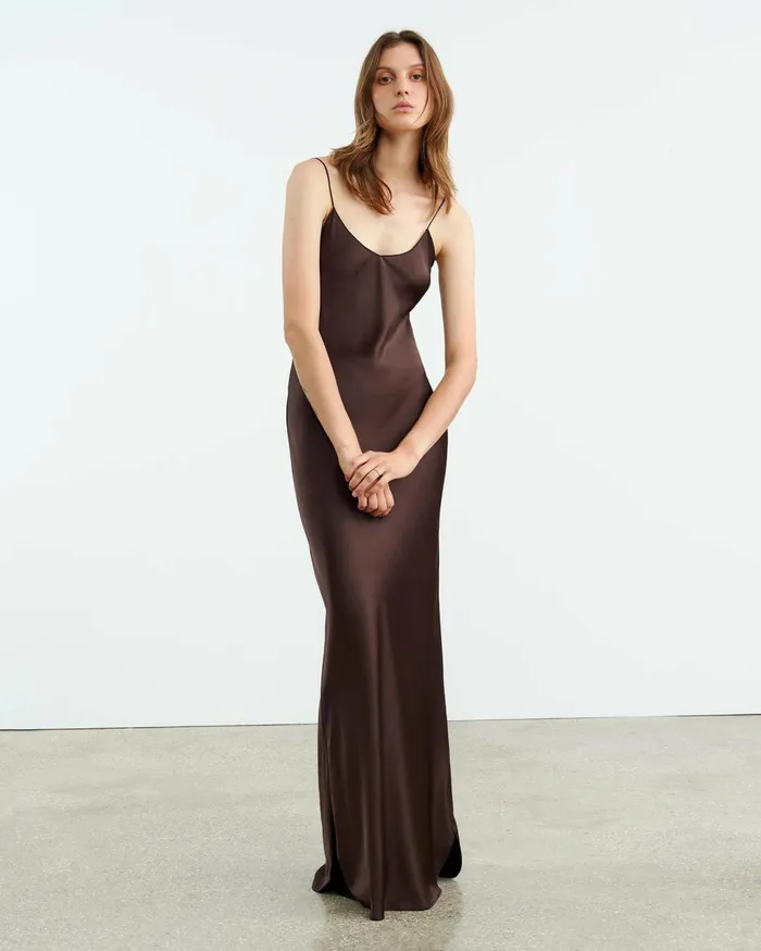 Nili Lotan CAMI SILK GOWN Dark Brown Women Dresses and Skirts