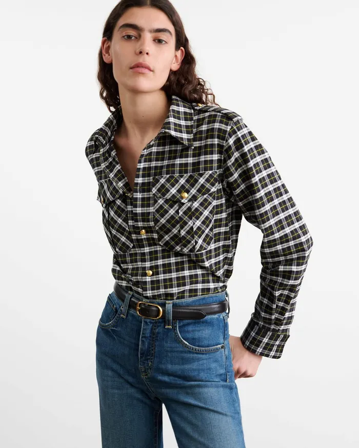 Nili Lotan JEANETTE TOP Blackgreen Plaid Women Tops