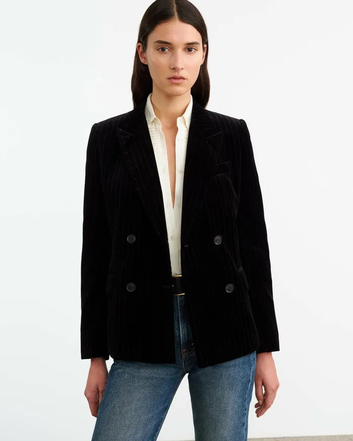 Nili Lotan VEDA VELVET JACKET Black Pinstripe Women Jackets and Blazers