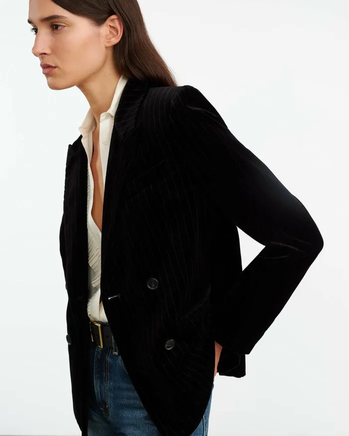 Nili Lotan VEDA VELVET JACKET Black Pinstripe Women Jackets and Blazers