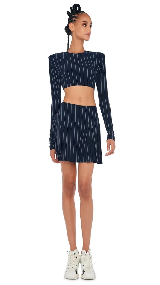 Norma Kamali Bottoms PLEATED MINI SKIRT True Navy Pinstripe 8211 Clothing