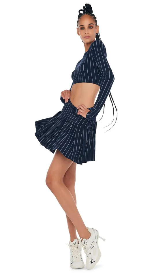 Norma Kamali Bottoms PLEATED MINI SKIRT True Navy Pinstripe 8211 Clothing