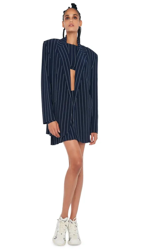 Norma Kamali Bottoms PLEATED MINI SKIRT True Navy Pinstripe 8211 Clothing