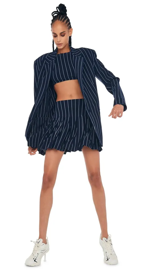 Norma Kamali Bottoms PLEATED MINI SKIRT True Navy Pinstripe 8211 Clothing
