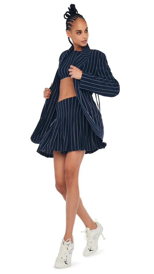 Norma Kamali Bottoms PLEATED MINI SKIRT True Navy Pinstripe 8211 Clothing