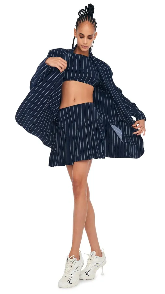 Norma Kamali Bottoms PLEATED MINI SKIRT True Navy Pinstripe 8211 Clothing