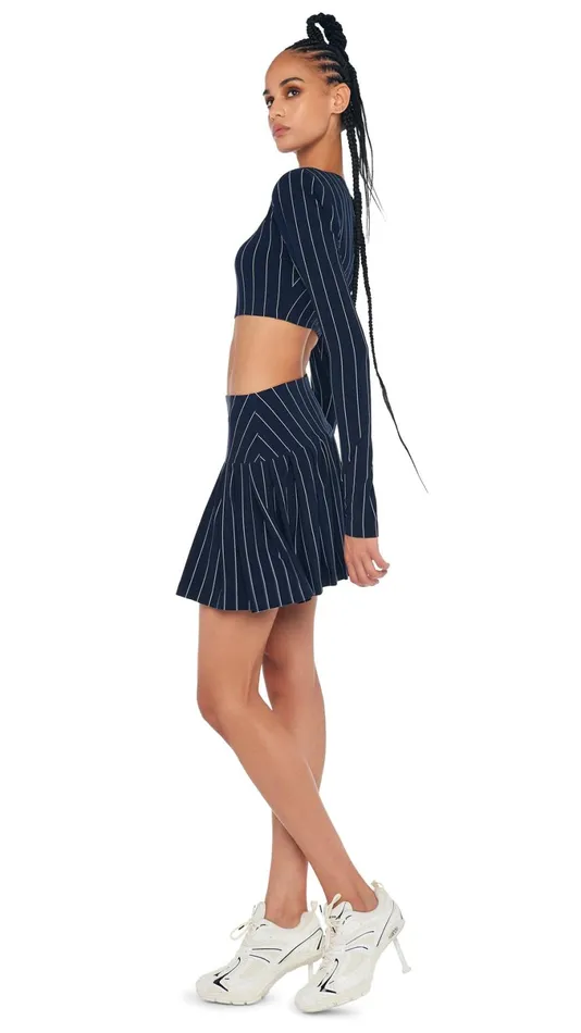 Norma Kamali Bottoms PLEATED MINI SKIRT True Navy Pinstripe 8211 Clothing