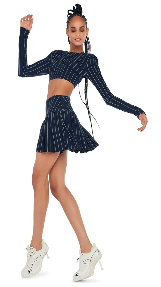 Norma Kamali Bottoms PLEATED MINI SKIRT True Navy Pinstripe 8211 Clothing