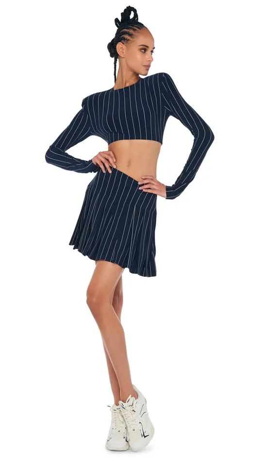 Norma Kamali Bottoms PLEATED MINI SKIRT True Navy Pinstripe 8211 Clothing
