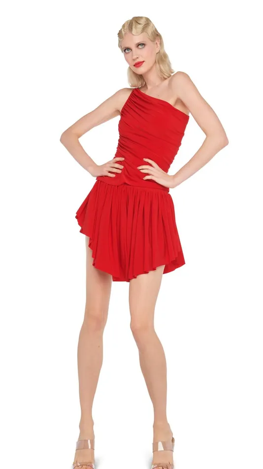 Norma Kamali Dresses DIANA UNEVEN FLAIR MINI DRESS Tiger Red 8211 Clothing
