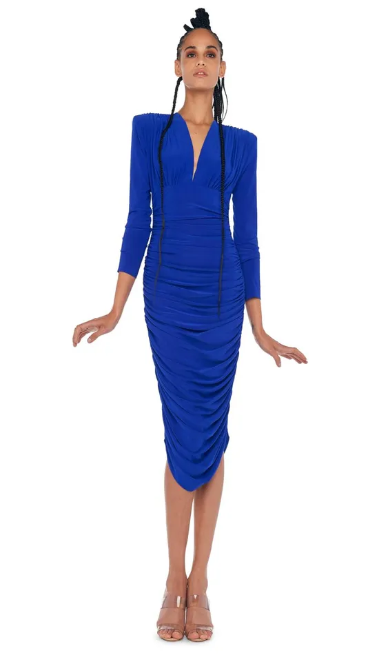Norma Kamali Dresses LS V NECK SHIRRED DRESS W SHDR PADS Electric Blue 8211 Clothing Norma Kamali Dresses LS V NECK SHIRRED DRESS W SHDR PADS Electric Blue 8211 Clothing