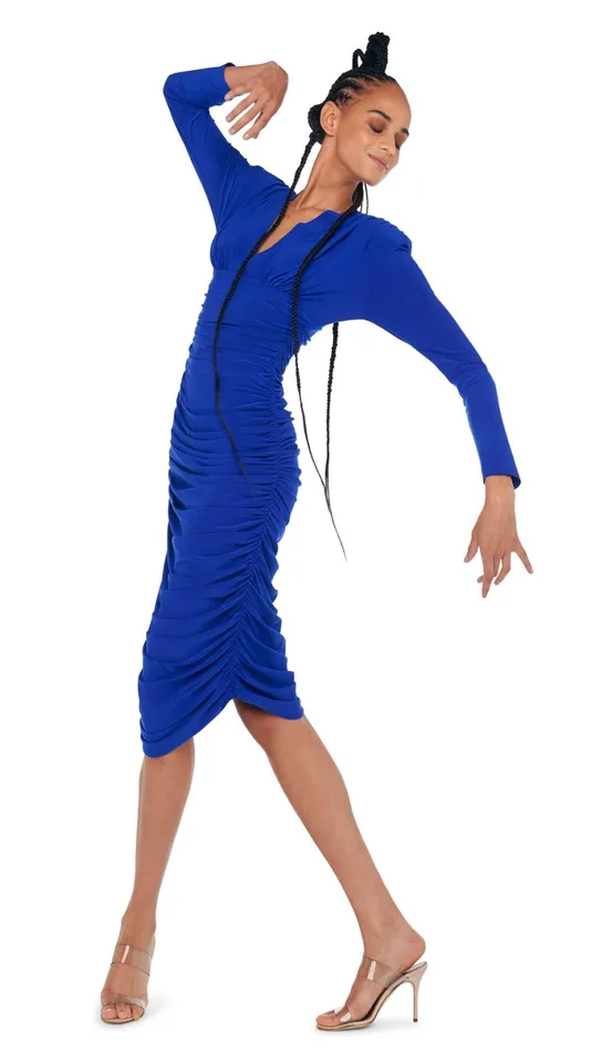 Norma Kamali Dresses LS V NECK SHIRRED DRESS W SHDR PADS Electric Blue 8211 Clothing Norma Kamali Dresses LS V NECK SHIRRED DRESS W SHDR PADS Electric Blue 8211 Clothing