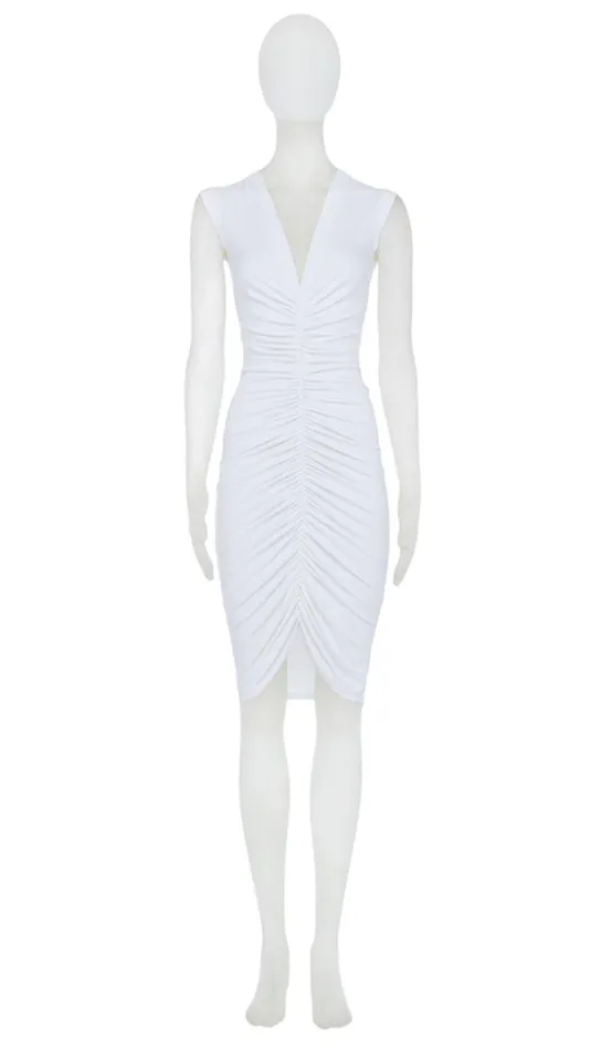 Norma Kamali Dresses SLEEVELESS DEEP V SHIRRED FRONT DRESS Snow White 8211 Clothing