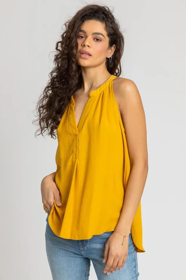 Ochre Plain Dipped Hem VNeck Vest Top Women Roman Tops