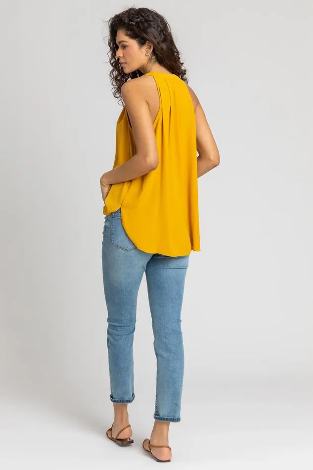 Ochre Plain Dipped Hem VNeck Vest Top Women Roman Tops