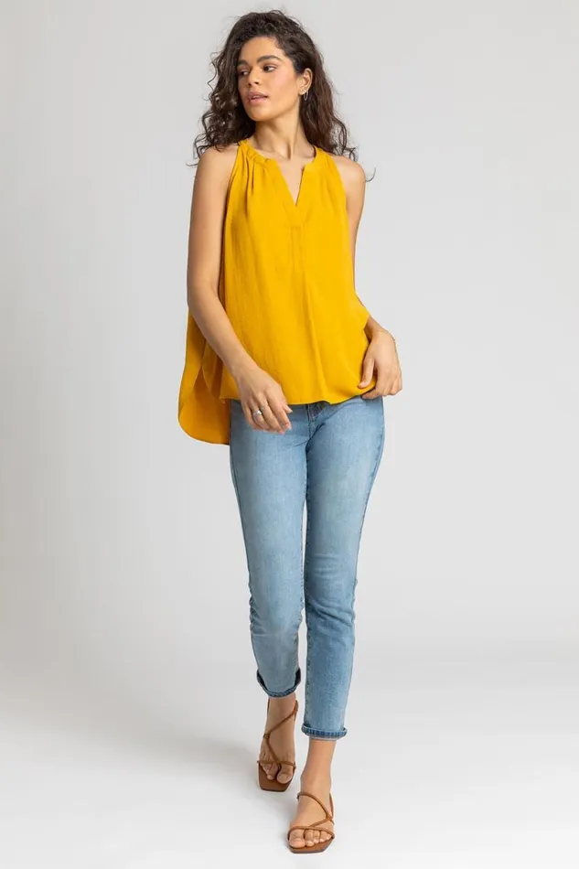 Ochre Plain Dipped Hem VNeck Vest Top Women Roman Tops