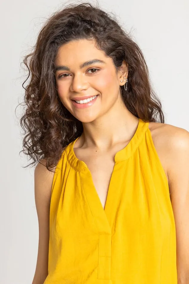 Ochre Plain Dipped Hem VNeck Vest Top Women Roman Tops