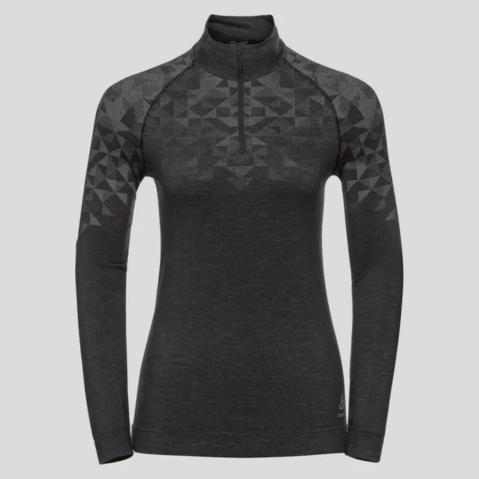 Odlo Base Layers The Kinship Performance Wool Warm Base Layer HalfZip Black Melange 8211 Women