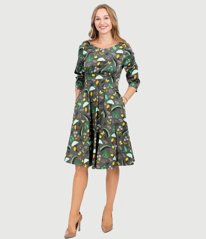 Olive Green and Rain Forest Print Fit and Flare Dress Dresses Unique Vintage Swing