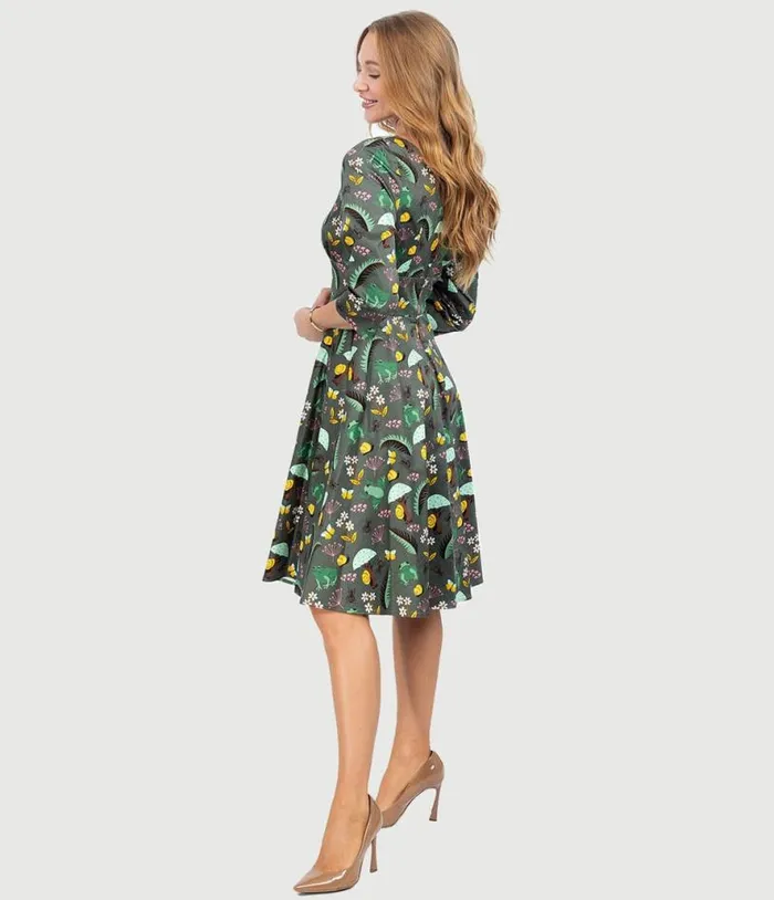 Olive Green and Rain Forest Print Fit and Flare Dress Dresses Unique Vintage Swing