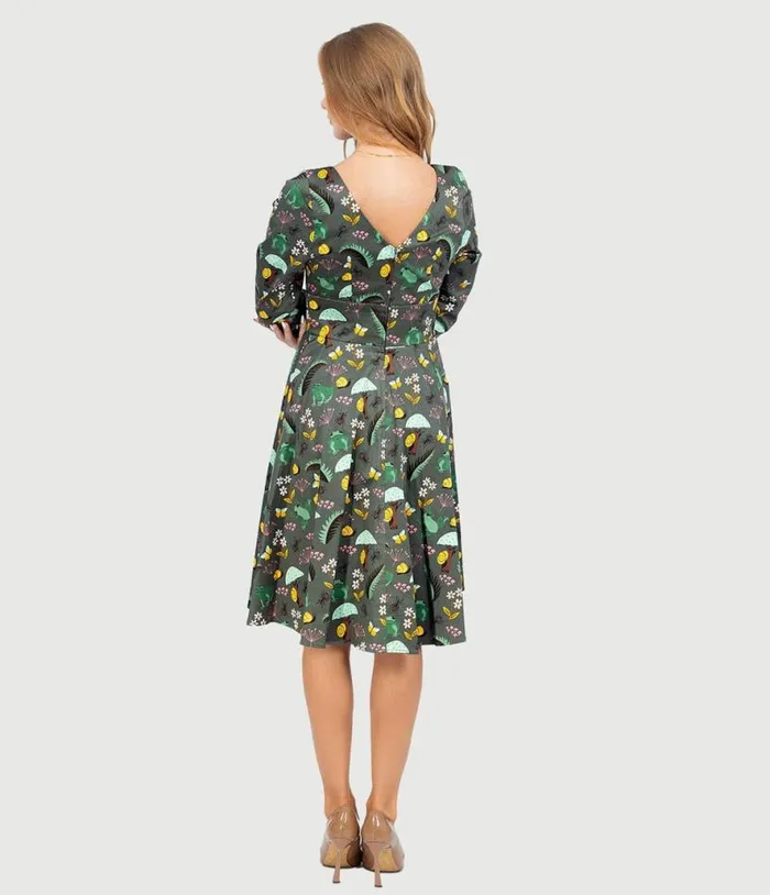 Olive Green and Rain Forest Print Fit and Flare Dress Dresses Unique Vintage Swing