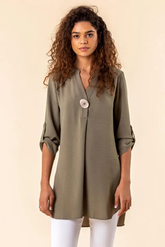 Olive Longline Button Detail Tunic Top Women Roman Tops