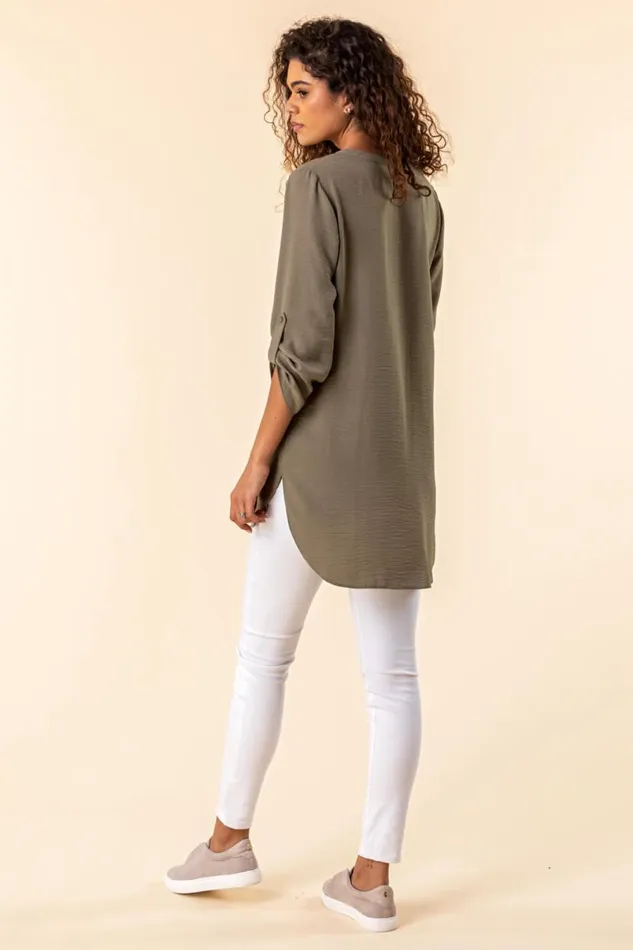 Olive Longline Button Detail Tunic Top Women Roman Tops
