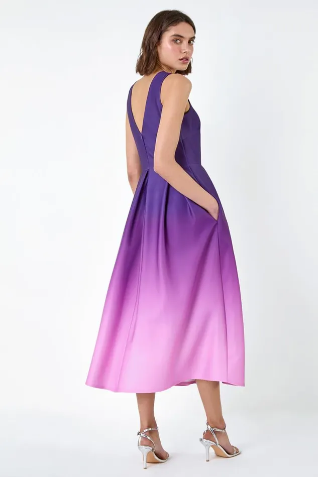 Ombre Pleated Luxe Stretch Midi Dress Women Roman Dresses