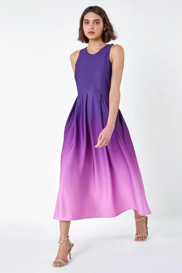 Ombre Pleated Luxe Stretch Midi Dress Women Roman Dresses